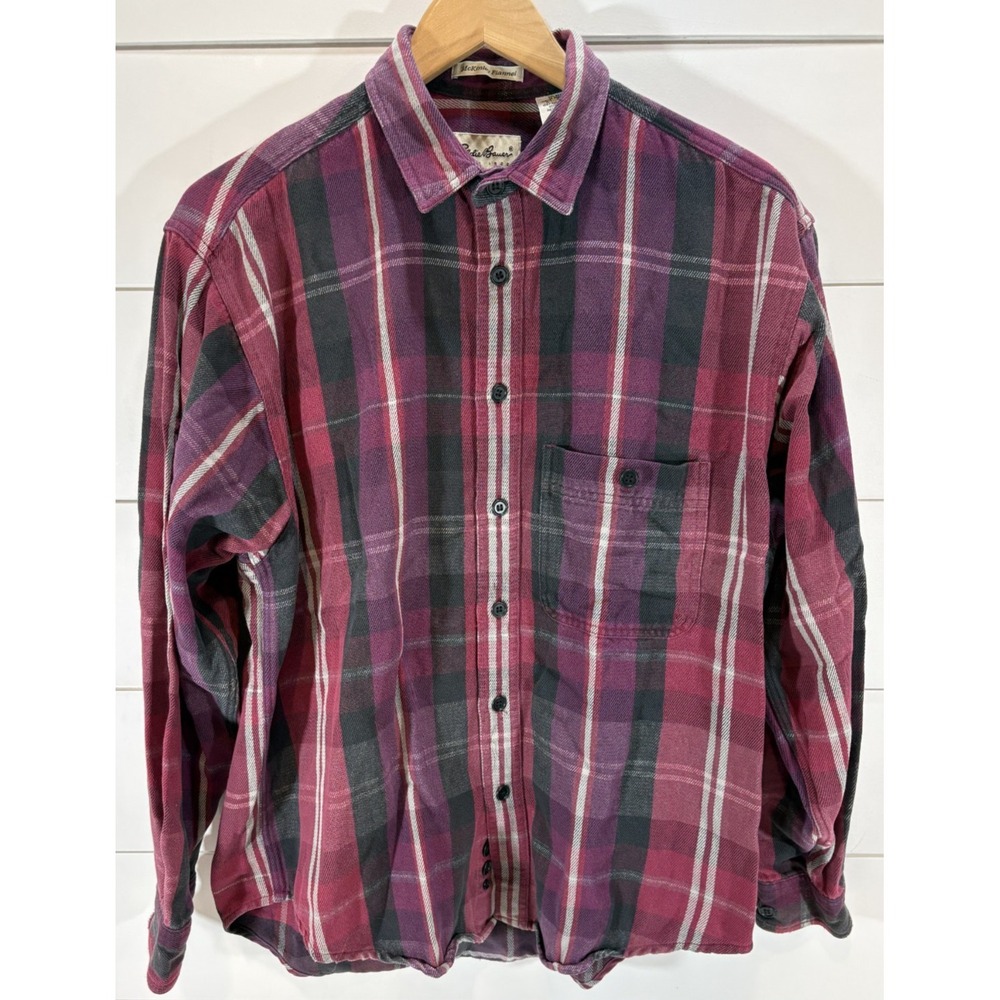 Eddie Bauer Mens McKinley Flannel Shirt Large Red Purple Black Plaid Long Sleeve